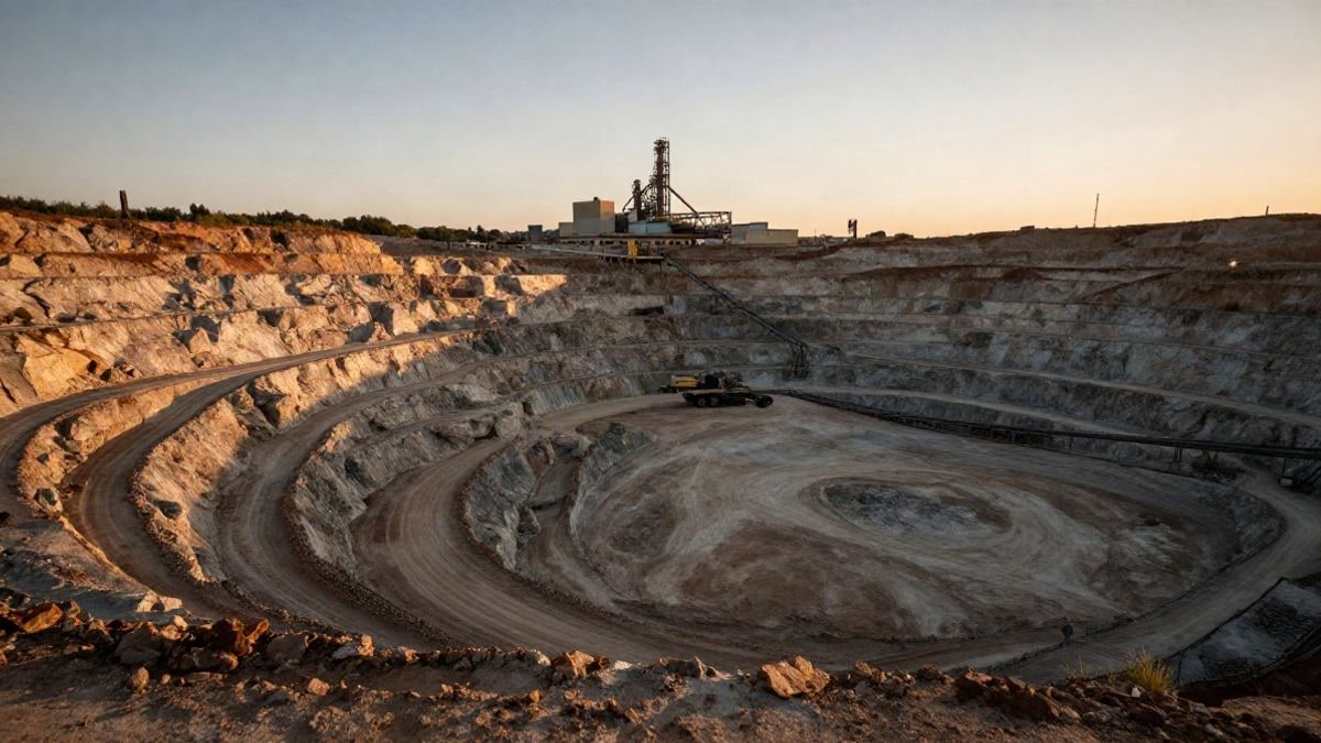 Illustrative image: an open-pit mine at sunset, with rock terraces and a processing plant in the background