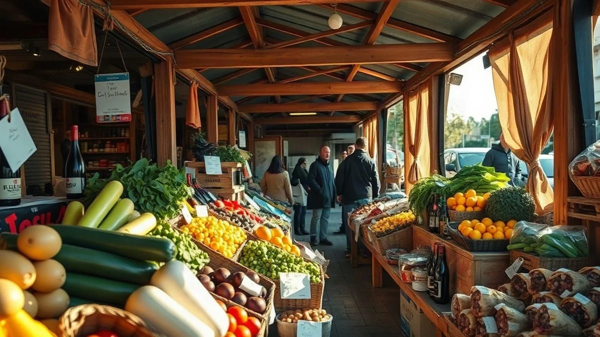 Imagen ilustrativa: puesto de mercado con productos locales (frutas, verduras, vino y embutidos) bajo la luz cálida del atardecer.