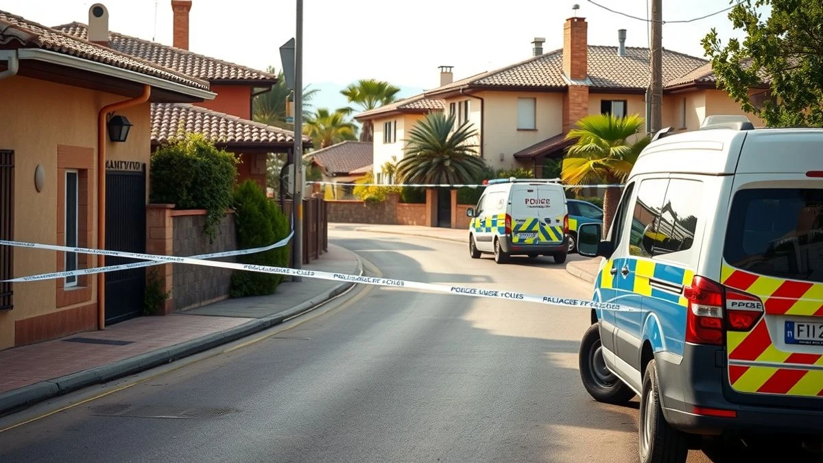 Calle residencial con cinta policial y coche patrulla en un pueblo de Granada