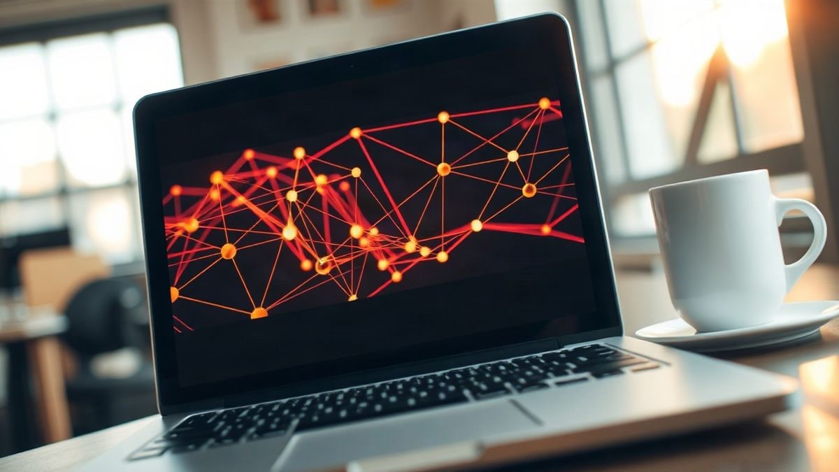 Illustrative image: close-up of a laptop screen with abstract neural network graphics in an office