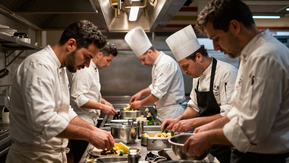 Imagen ilustrativa: una vista panorámica de una cocina de restaurante con chefs trabajando, reflejando creatividad e innovación culinaria.