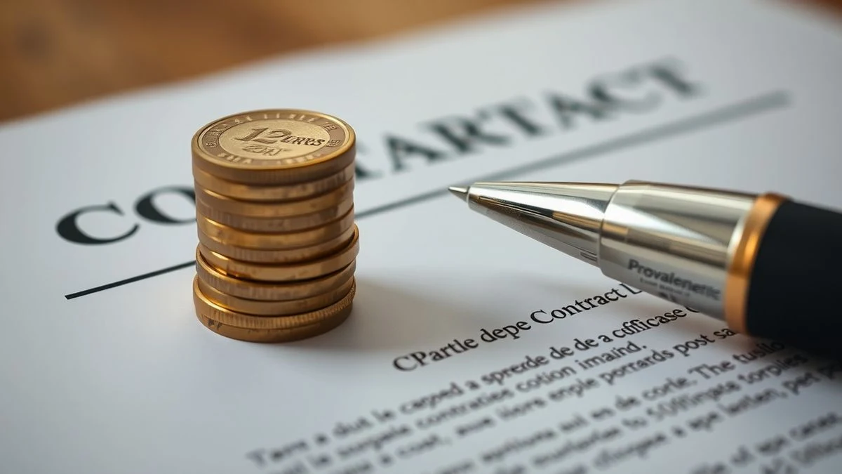 Primer plano de monedas de euro y un contrato con un bolígrafo sobre una mesa