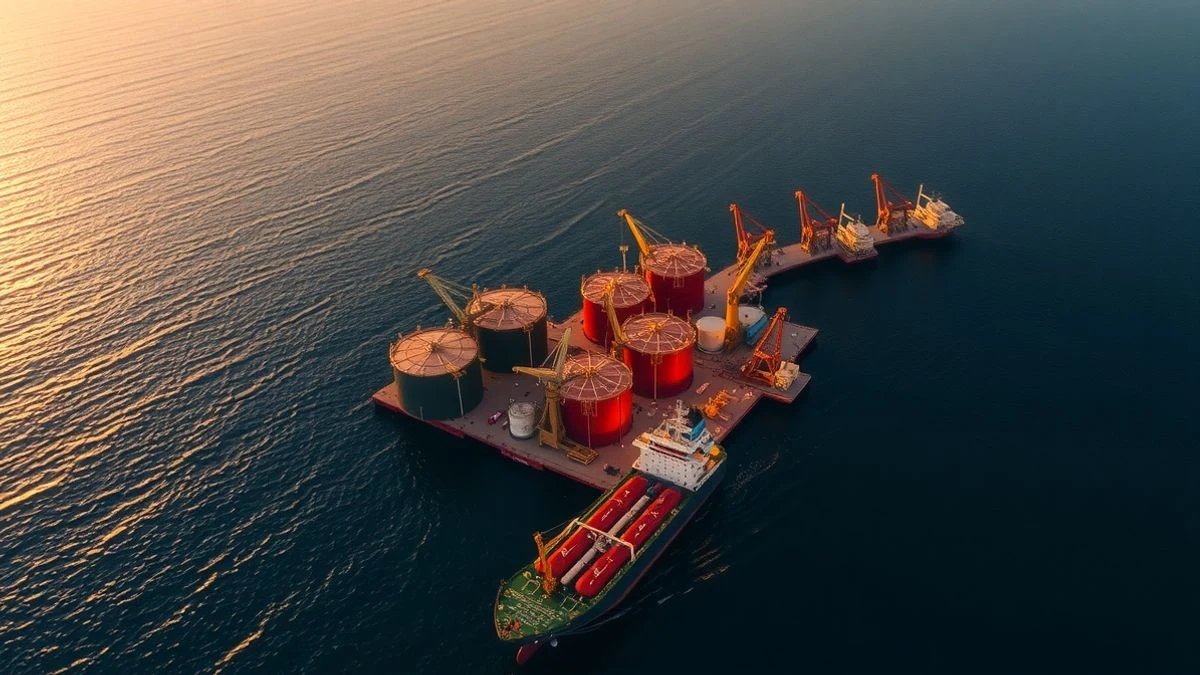 Vista aérea de la isla de Kharg con terminal petrolero y un petrolero atracado al atardecer