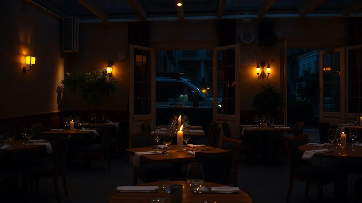 Terraza de restaurante vacía al atardecer en Playa de Palma, con una vela encendida sobre una mesa y el interior a oscuras