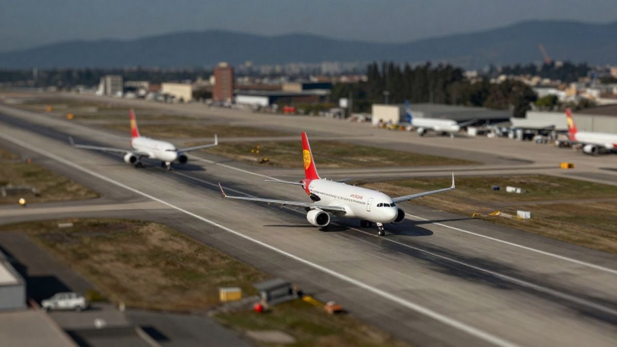 Imagen ilustrativa: vista aérea de una pista de aeropuerto con aviones en preparación para el despegue, sin personas ni rostros reconocibles.