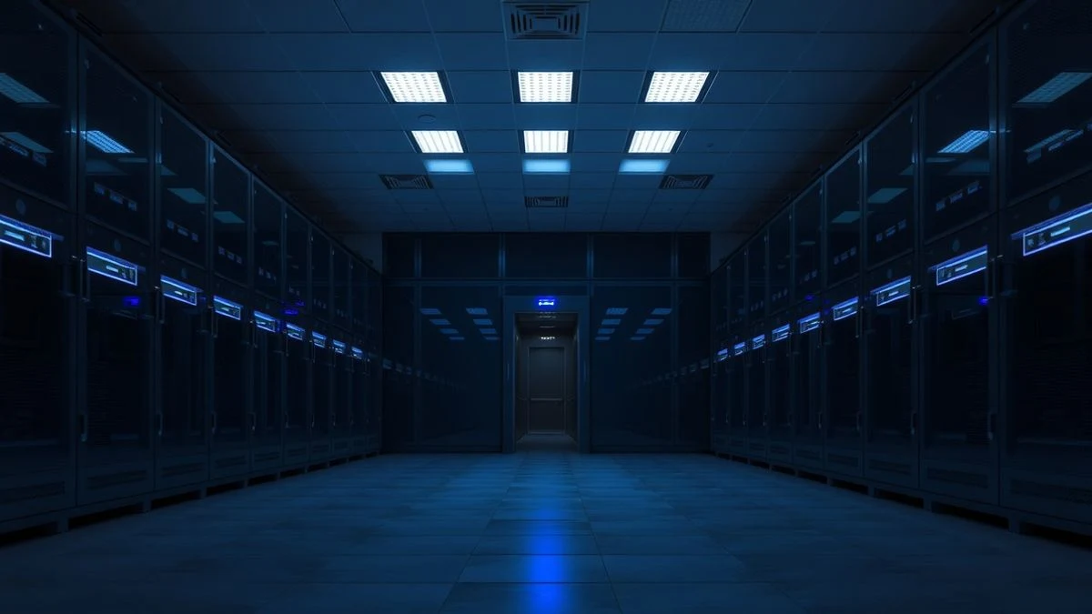 Servidores azules en una sala de datos vacía con luz tenue y sombras