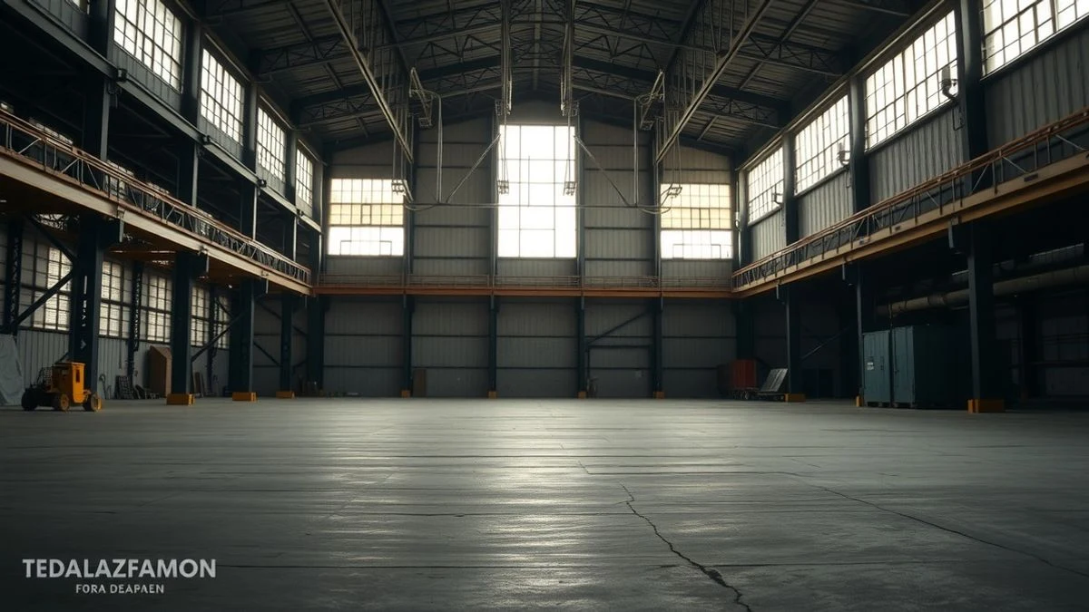 Imagen ilustrativa: interior de una nave industrial con luz natural, con un grupo de personas de espaldas en el fondo junto a maquinaria.