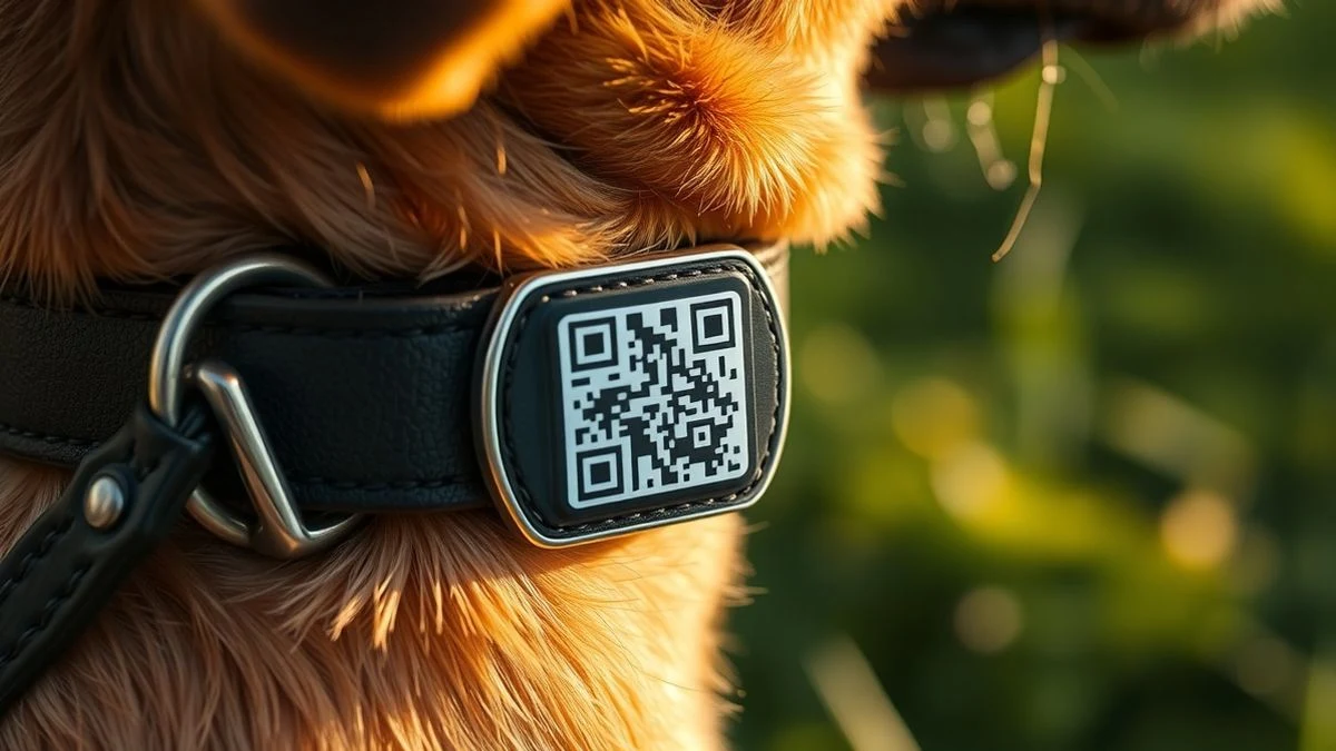 Imagen ilustrativa: primer plano de una chapa identificativa con código QR en un collar de perro sobre césped.