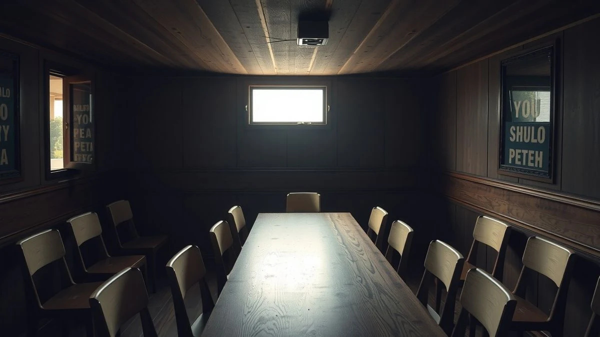 Imagen ilustrativa: Sala de juntas vacía con pizarra de gráficos económicos y luz natural de ventana lateral
