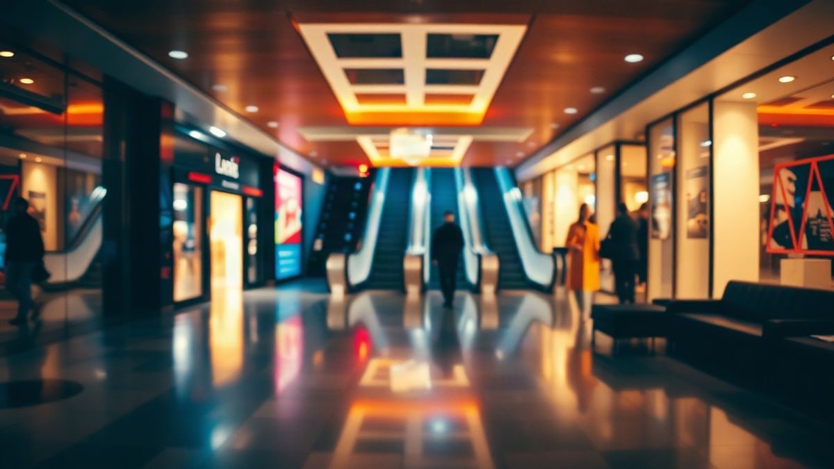 Illustrative image: interior of a modern shopping centre lit with artificial light