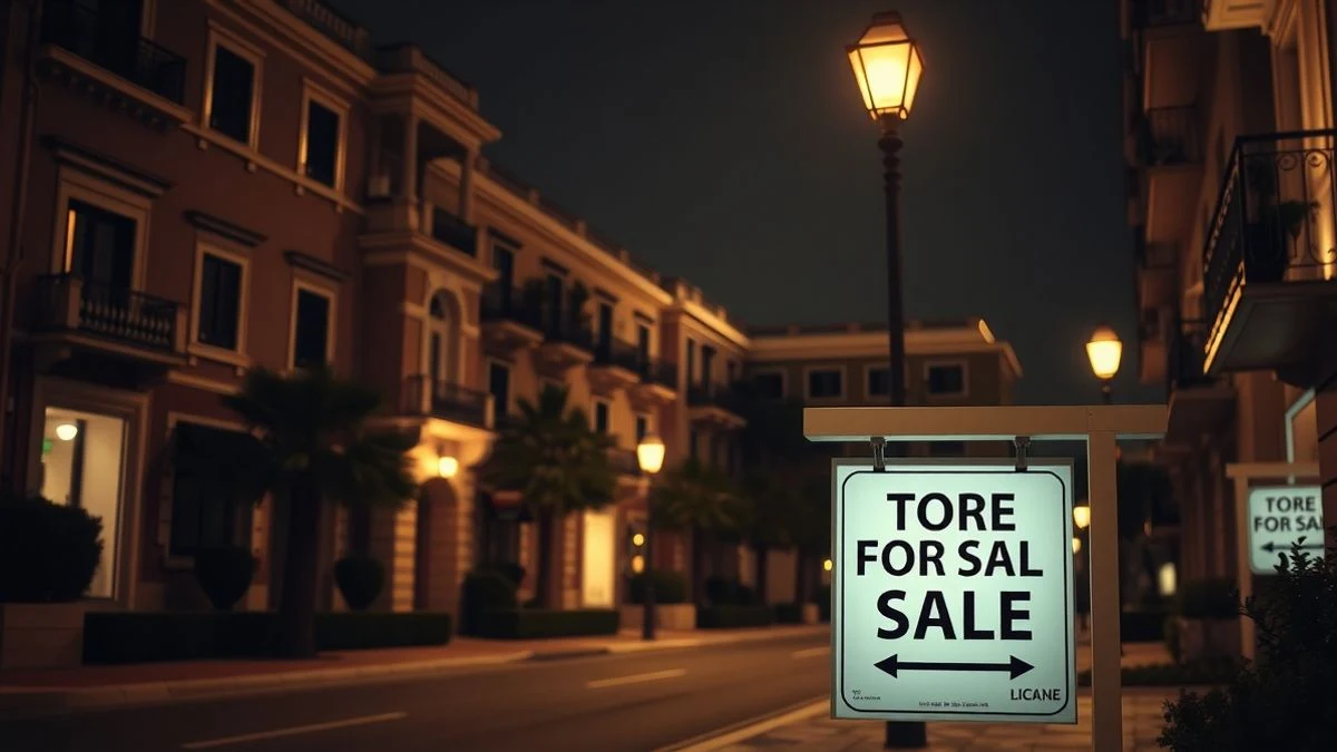 Imagen ilustrativa: una calle residencial de lujo en Madrid de noche, con edificios elegantes iluminados por farolas y un cartel de 'Se vende' al frente.