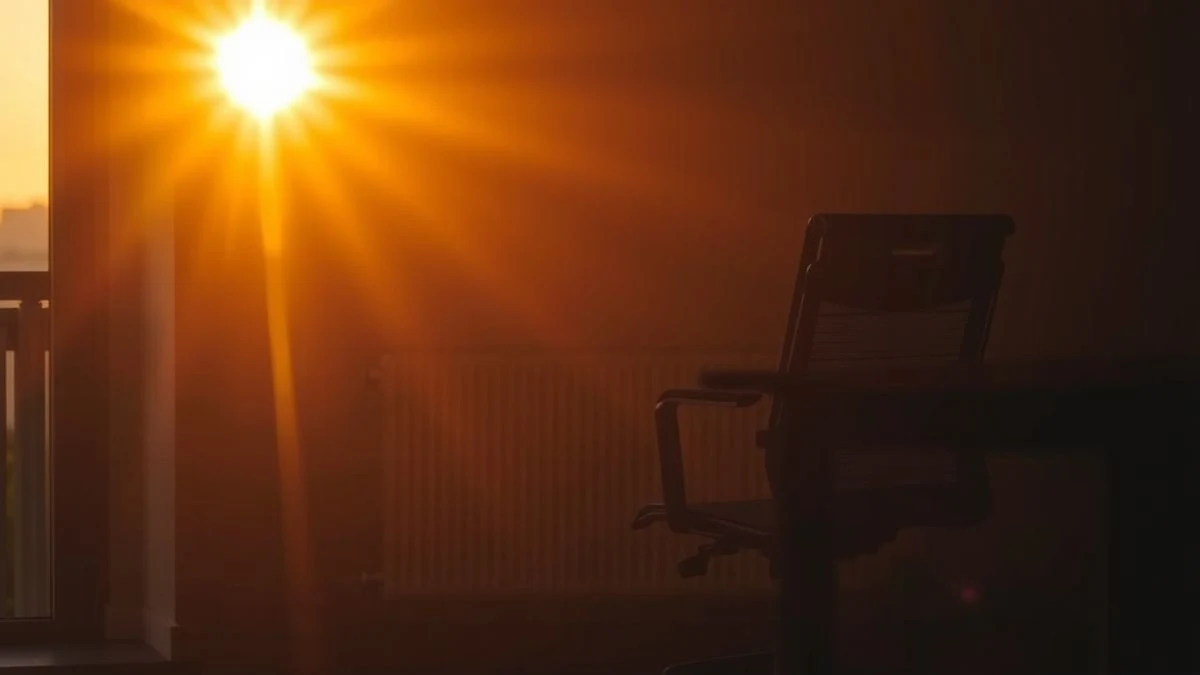 Silla de oficina vacía con luz de atardecer y sombras largas