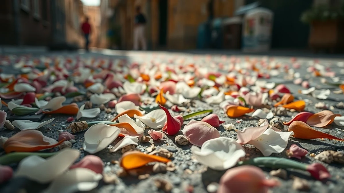 Imagen ilustrativa: detalle de una alfombra floral con pétalos de clavel, hortensias y hojas verdes sobre adoquines, con luz natural suave