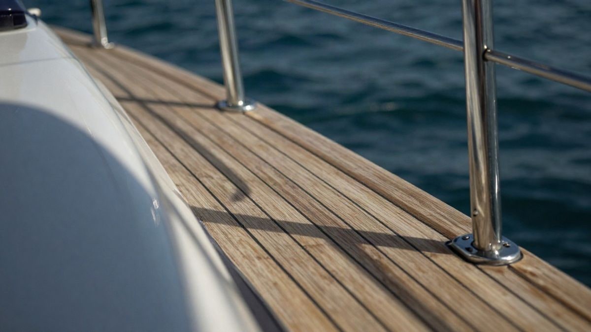Imagen ilustrativa: detalle de cubierta de madera de un yate de lujo con herrajes de acero inoxidable