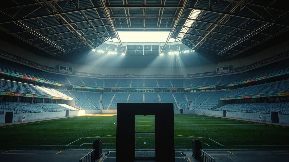 Interior de un estadio de fútbol vacío con luz lateral iluminando el césped y una portería en primer plano