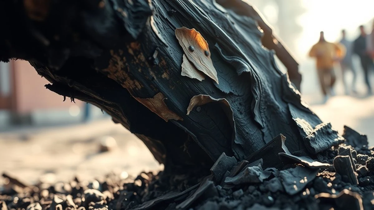 Imagen ilustrativa: detalle de un tronco de árbol quemado con ceniza en el suelo y luz tamizada por el humo.