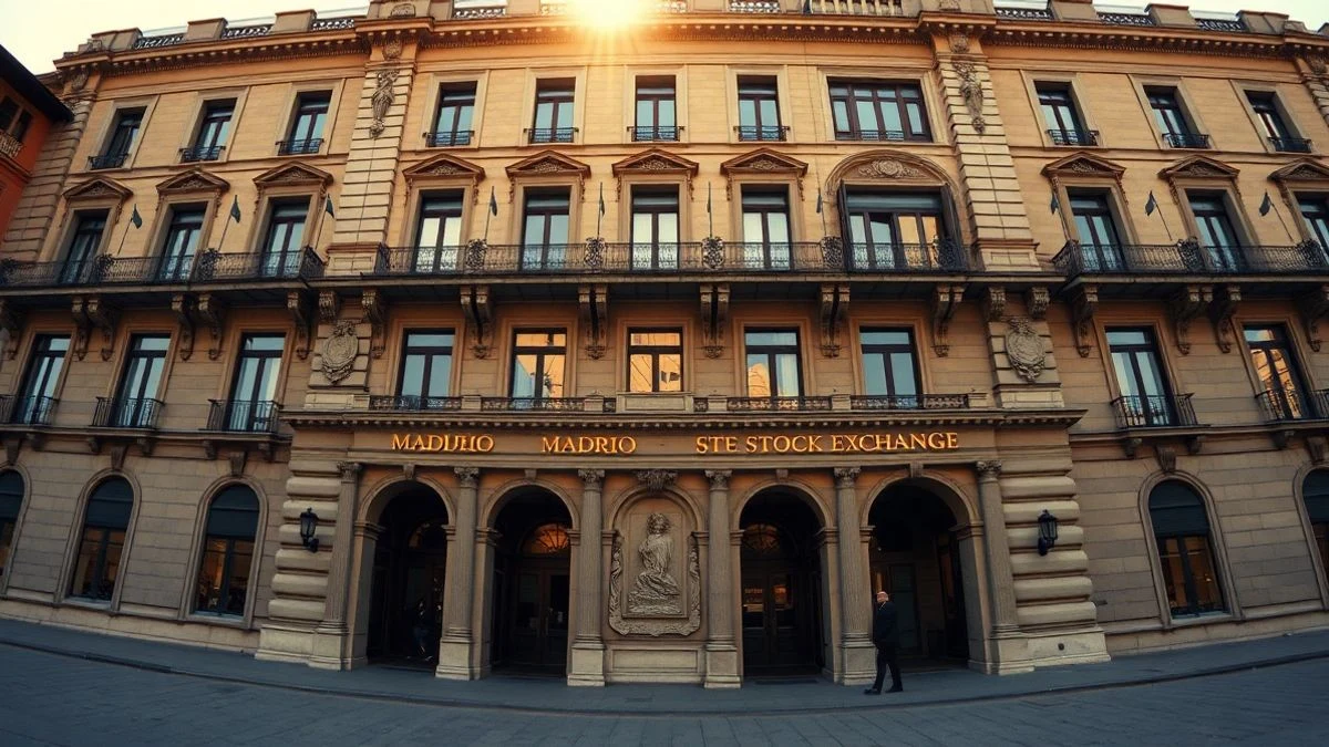 Fachada del edificio de la Bolsa de Madrid con luz dorada y líneas convergentes de la arquitectura, sin personas ni logotipos
