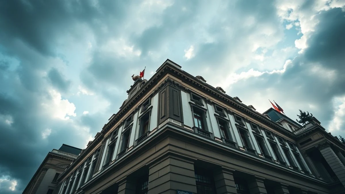 Fachada del edificio de la Bolsa de Madrid desde un ángulo bajo con cielo nublado de fondo