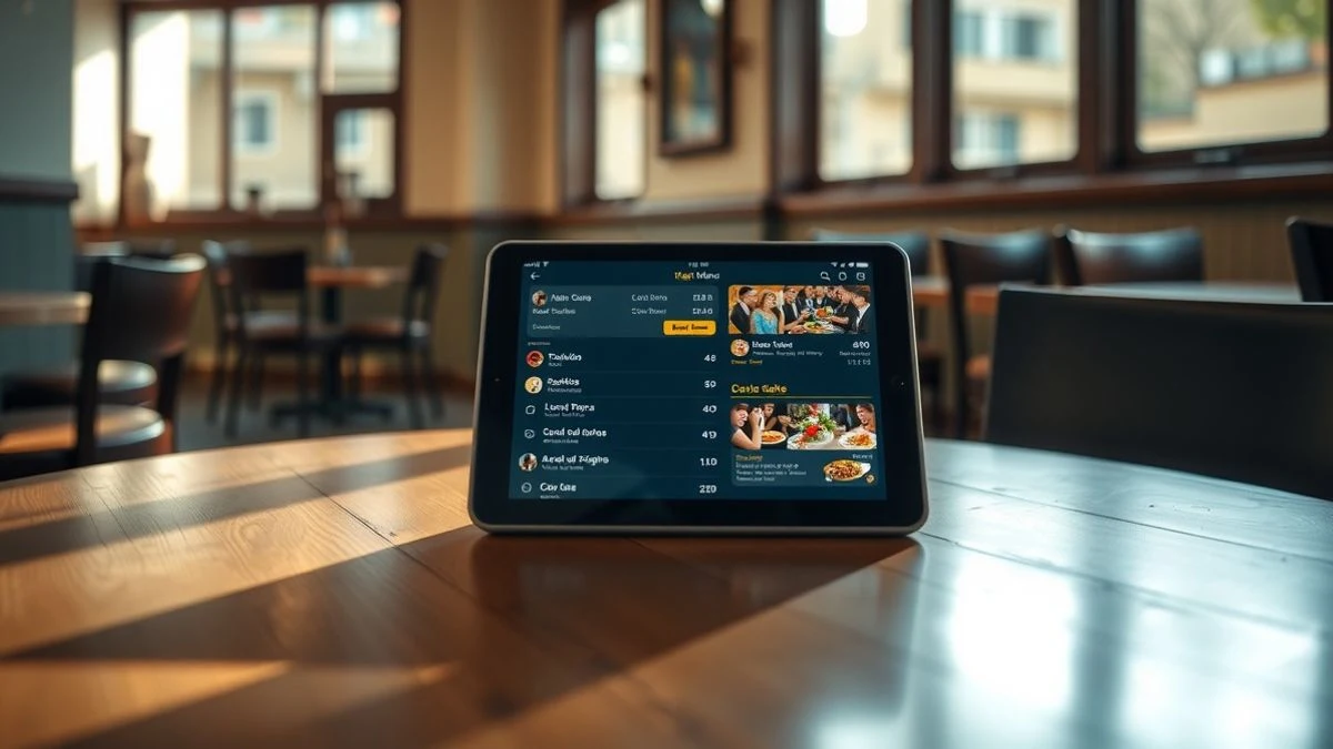Imagen ilustrativa: una tableta digital con un menú colorido sobre una mesa de restaurante vacía, con luz natural suave y un interior desenfocado al fondo