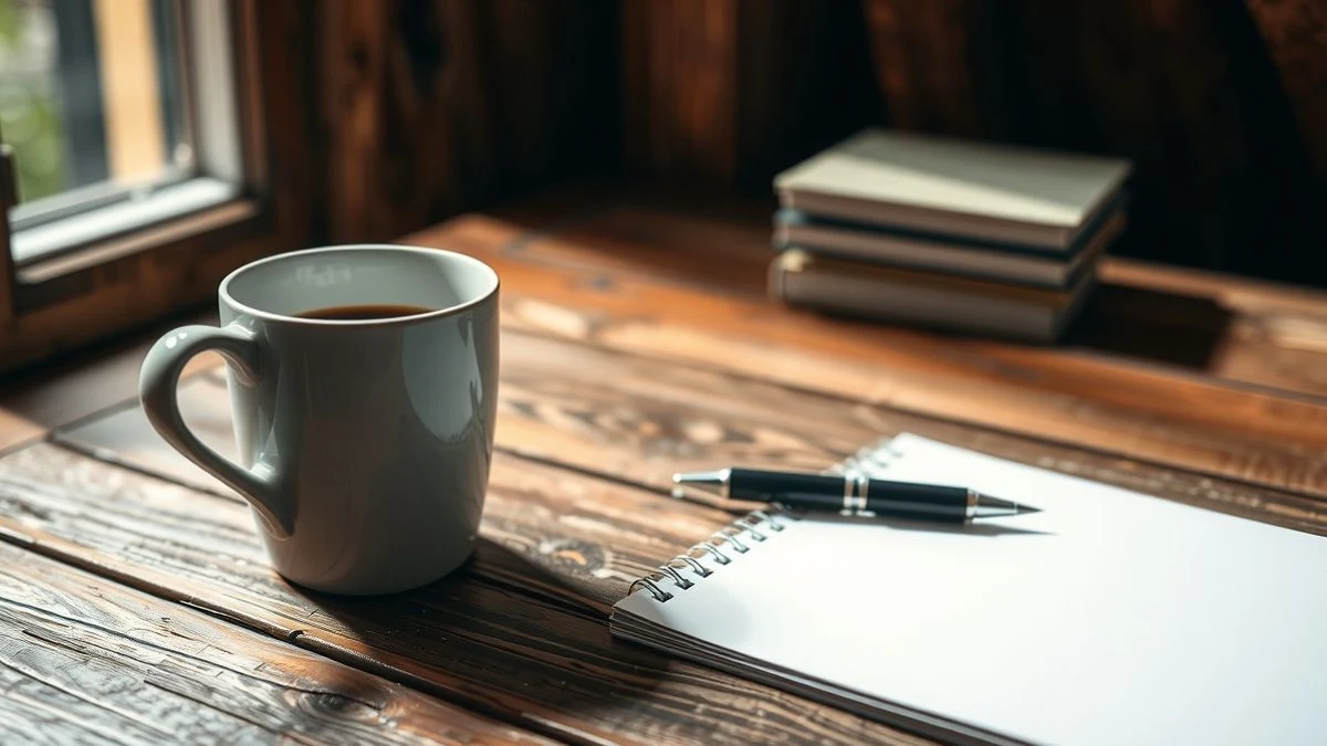 Primer plano de un escritorio de madera con una taza de café y un cuaderno abierto, luz natural suave, fondo desenfocado.