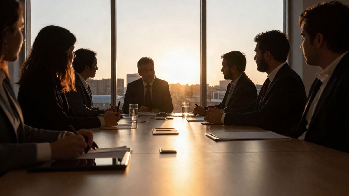 Illustrative image: meeting in a generic office setting at sunset, symbolising negotiations on the minimum interprofessional wage in Spain.