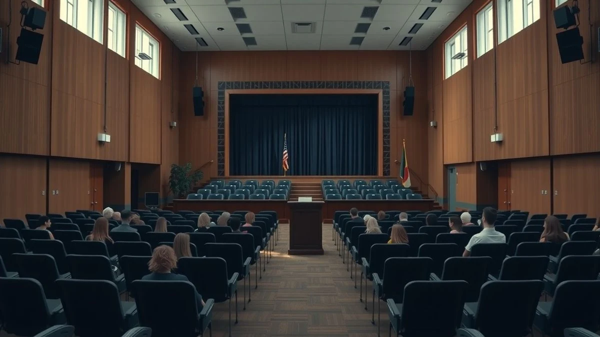 Salón de actos vacío de una universidad con filas de sillas y un escenario, luz natural suave