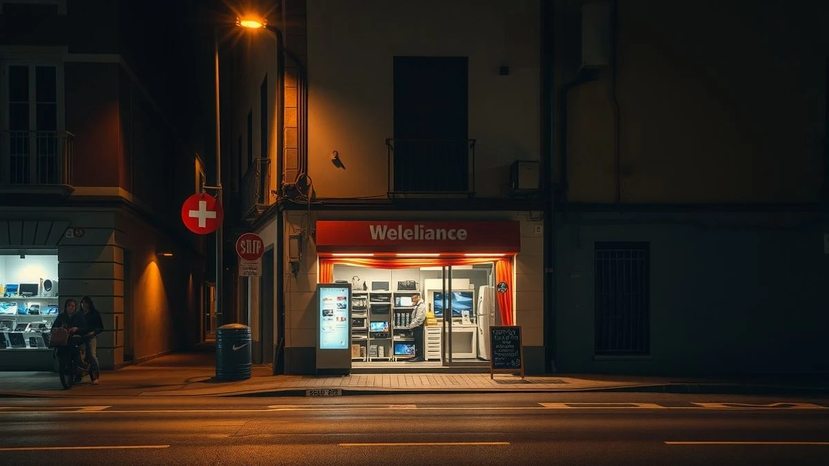 Imagen ilustrativa: fachada de una tienda de electrodomésticos iluminada por la noche, con escaparate y gente de fondo desenfocada.