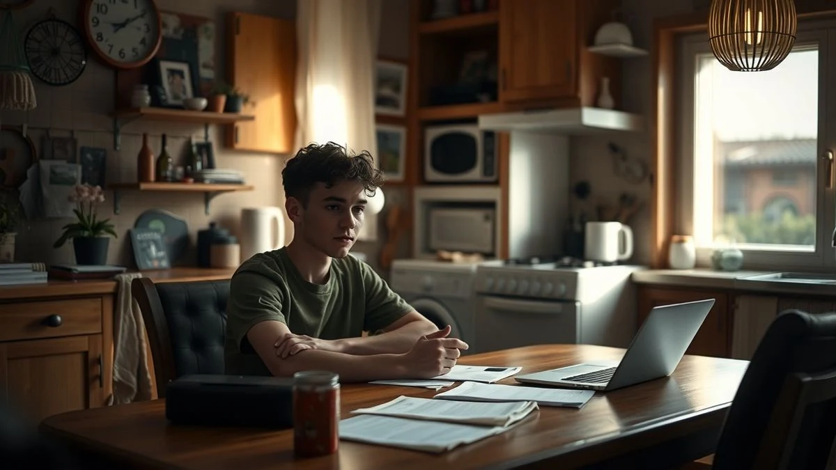 Imagen ilustrativa: un joven con un portátil y documentos en una mesa de cocina iluminada por luz natural lateral