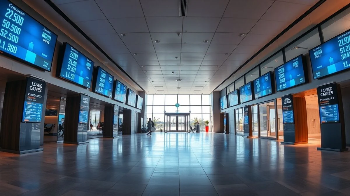 Interior vacío de una sucursal bancaria moderna con pantallas digitales y luz natural que entra por grandes ventanales