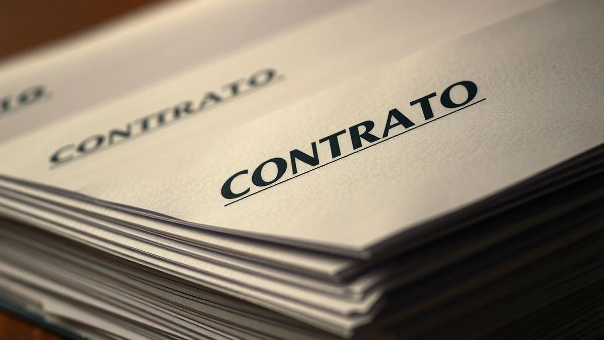 Imagen ilustrativa: primer plano de un montón de documentos con la palabra 'CONTRATO' visible, uno de ellos parcialmente extraído, con luz lateral y fondo desenfocado.