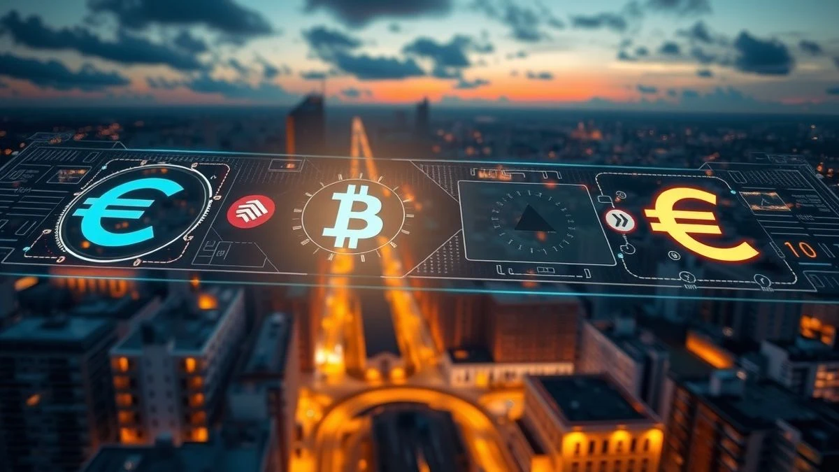 Imagen ilustrativa: vista aérea de una interfaz de pago digital con símbolos de stablecoins y euros sobre una ciudad al atardecer