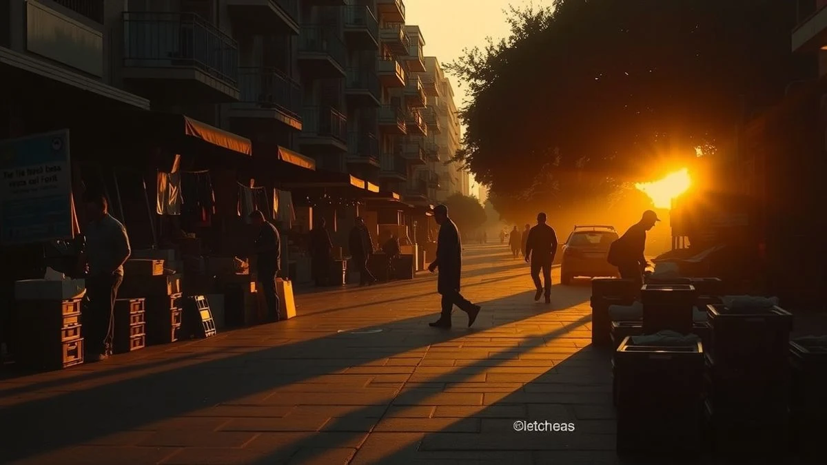 Puesto de mercado callejero al atardecer en Buenos Aires, con sombras largas y siluetas de trabajadores