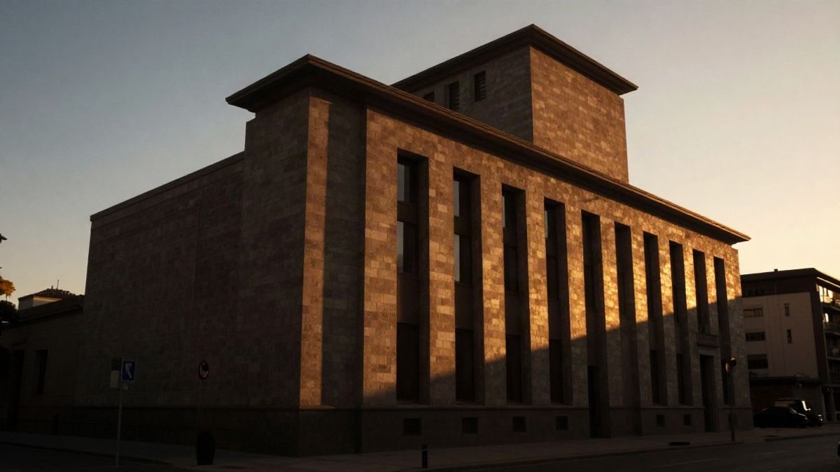 Imagen ilustrativa: fachada de un edificio institucional genérico a contraluz al atardecer