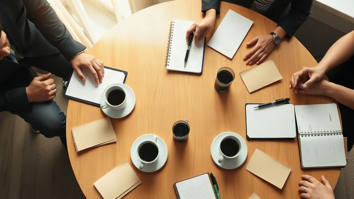 Illustrative image: overhead view of a table with coffee cups and notebooks for a networking meeting
