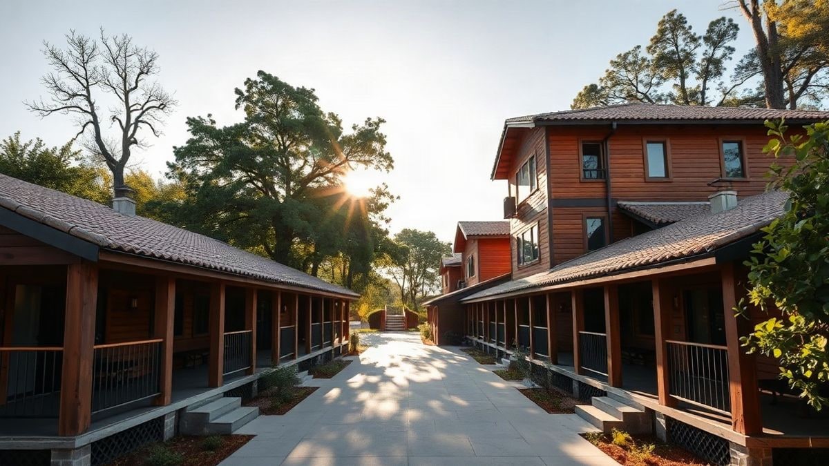 Illustrative image: renovated youth hostel with wooden bungalows and path among trees