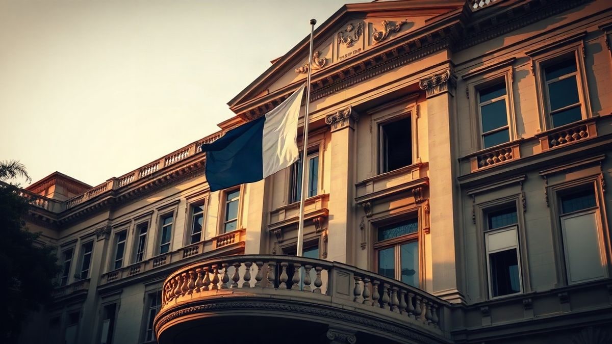 Imagen ilustrativa: fachada de un edificio institucional con una bandera genérica ondeando en un mástil al atardecer.