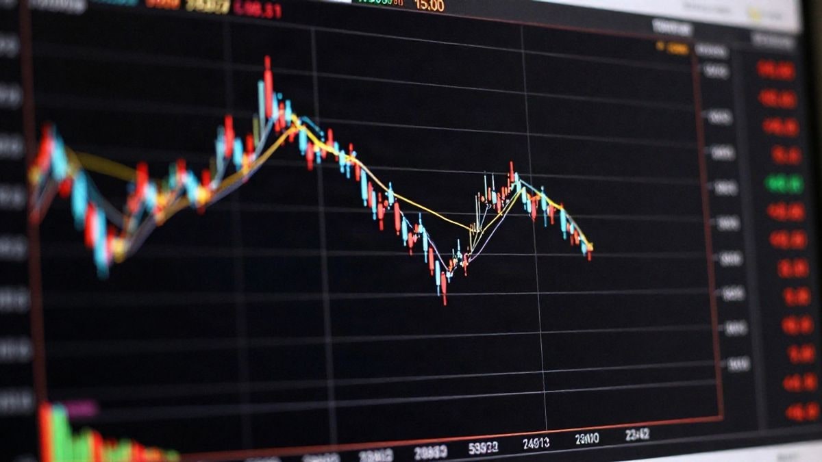 Imagen ilustrativa: gráfico de mercado de acciones mostrando fluctuaciones del índice de semiconductores, con enfoque en detalles y luz natural dramática.