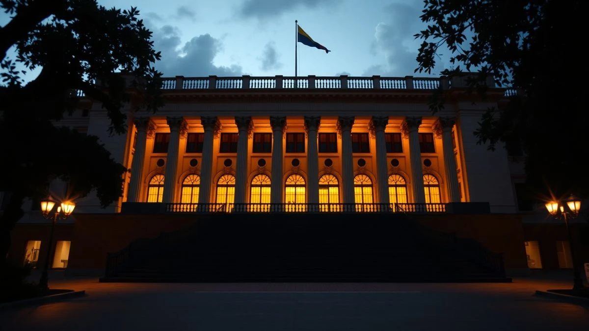 Fachada del Congreso colombiano al atardecer con luz dramática
