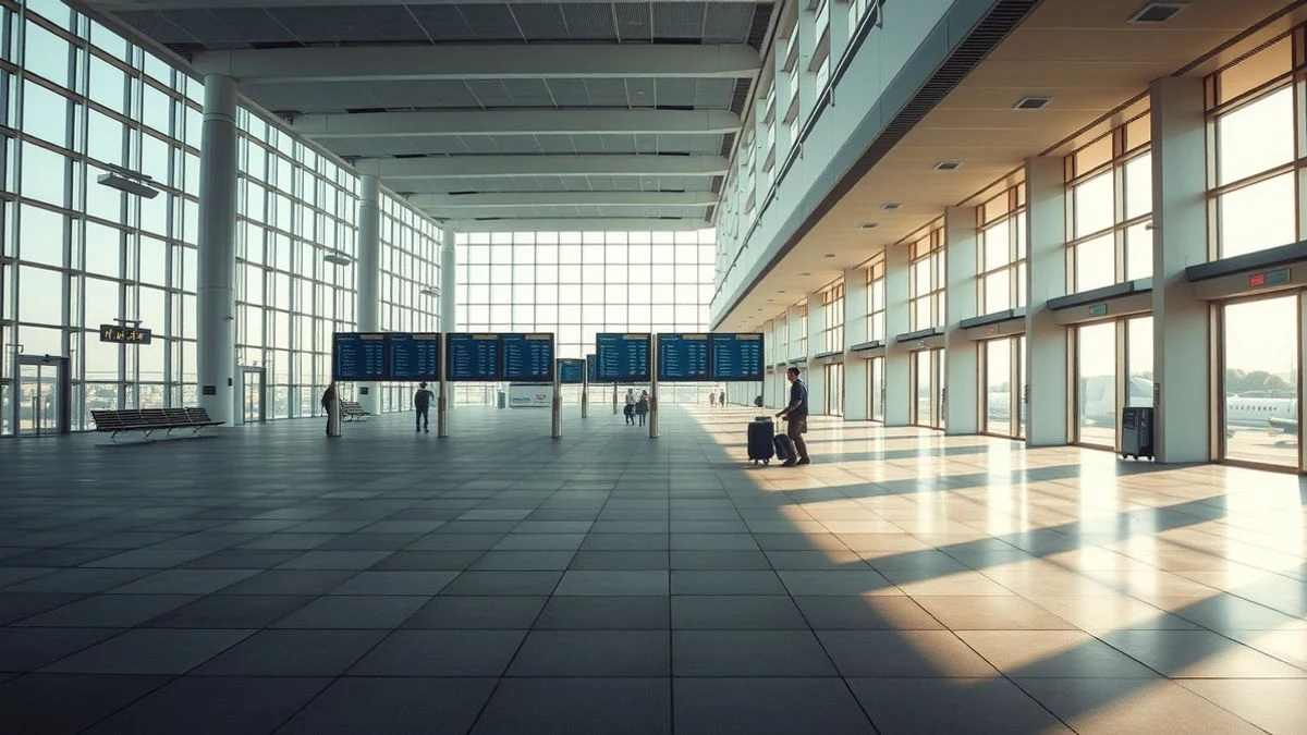 Interior vacío del aeropuerto de Palma con luz natural y paneles de información