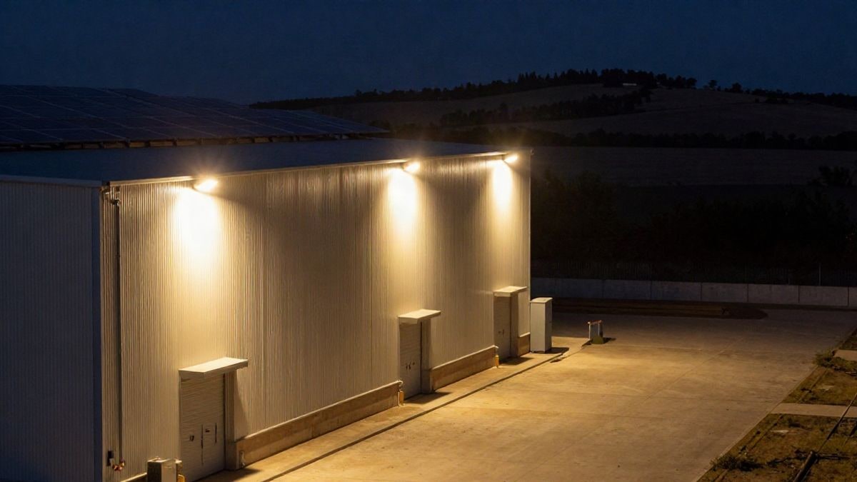 Illustrative image: facade of an industrial building lit at night with solar panels on the roof