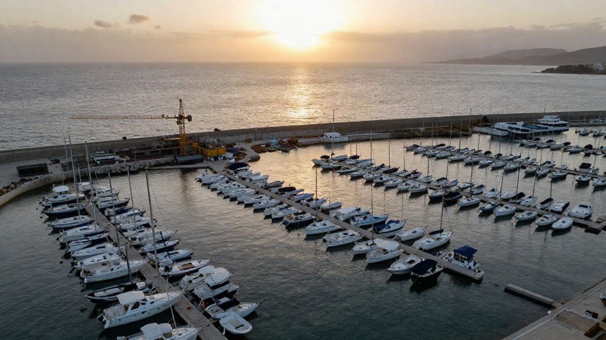Illustrative image: aerial view of a Mediterranean marina with boats and expansion works at sunset.