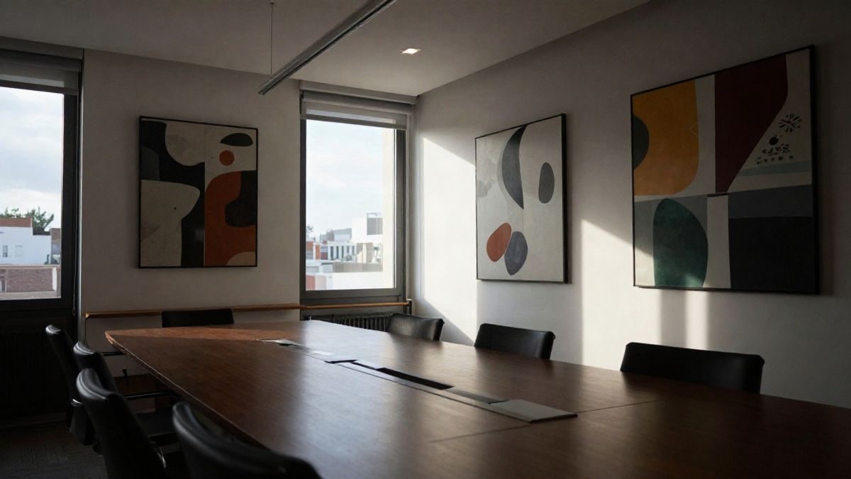 Illustrative image: modern office with a conference table lit by natural light, no people or identifiable elements.