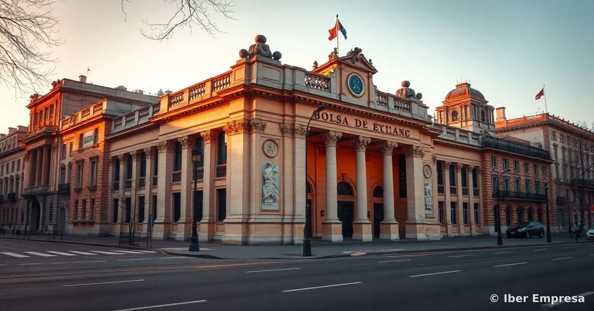 Fachada del edificio de la Bolsa de Madrid al atardecer, con luz dorada y sin personas.