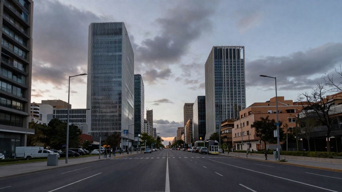 Imagen ilustrativa: vista panorámica de un horizonte urbano moderno con calles vacías al atardecer, sin personas ni edificios reconocibles.