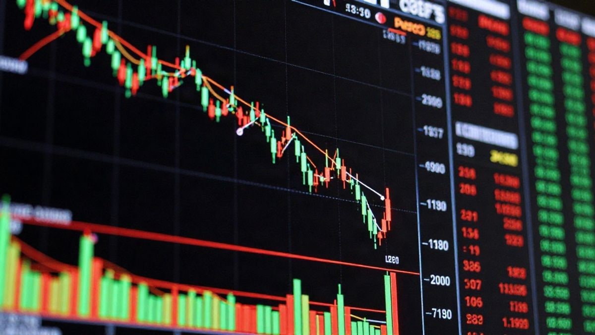 Imagen ilustrativa: escena de un mercado financiero con gráficos de acciones en descenso, simbolizando la cautela en las operaciones bursátiles.