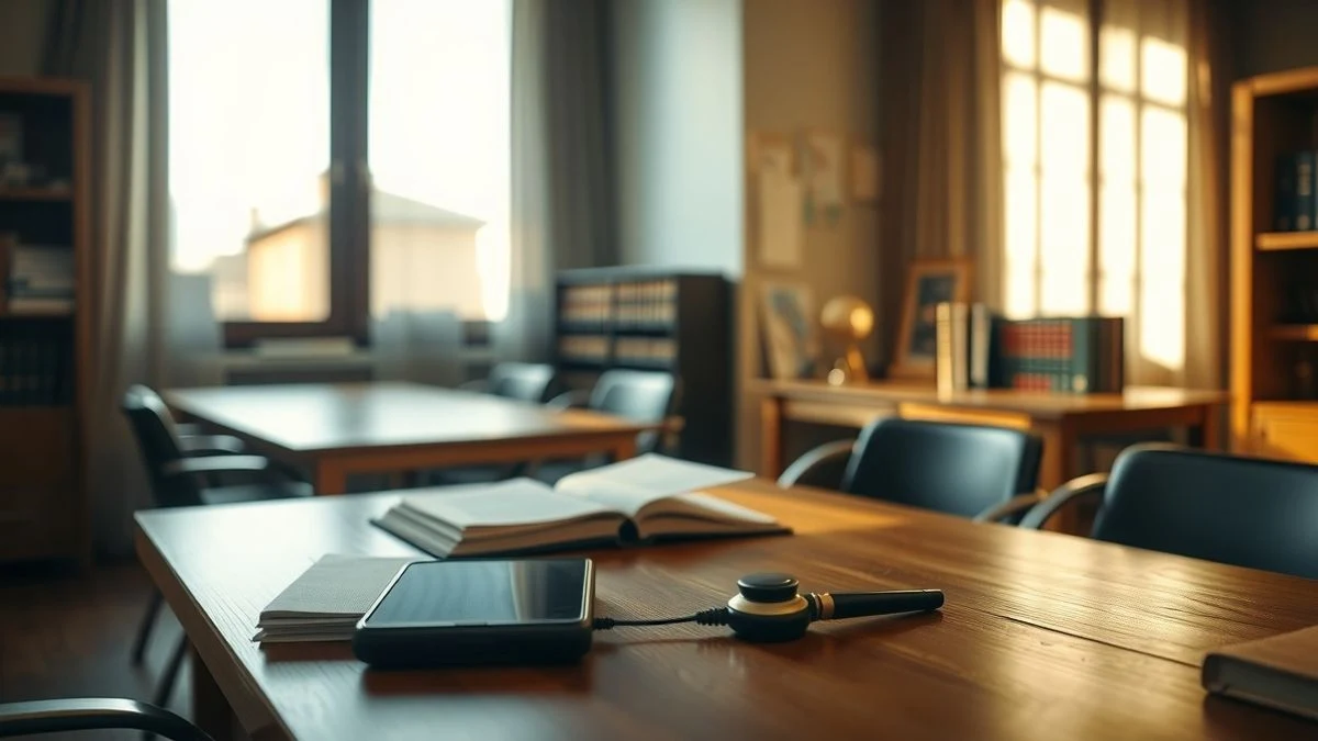 Despacho con documentos legales y teléfono móvil sobre la mesa, iluminado por luz natural lateral
