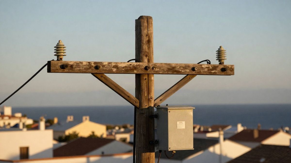 Illustrative image: detail of an electrical network with insulators and wiring against a blurred urban background