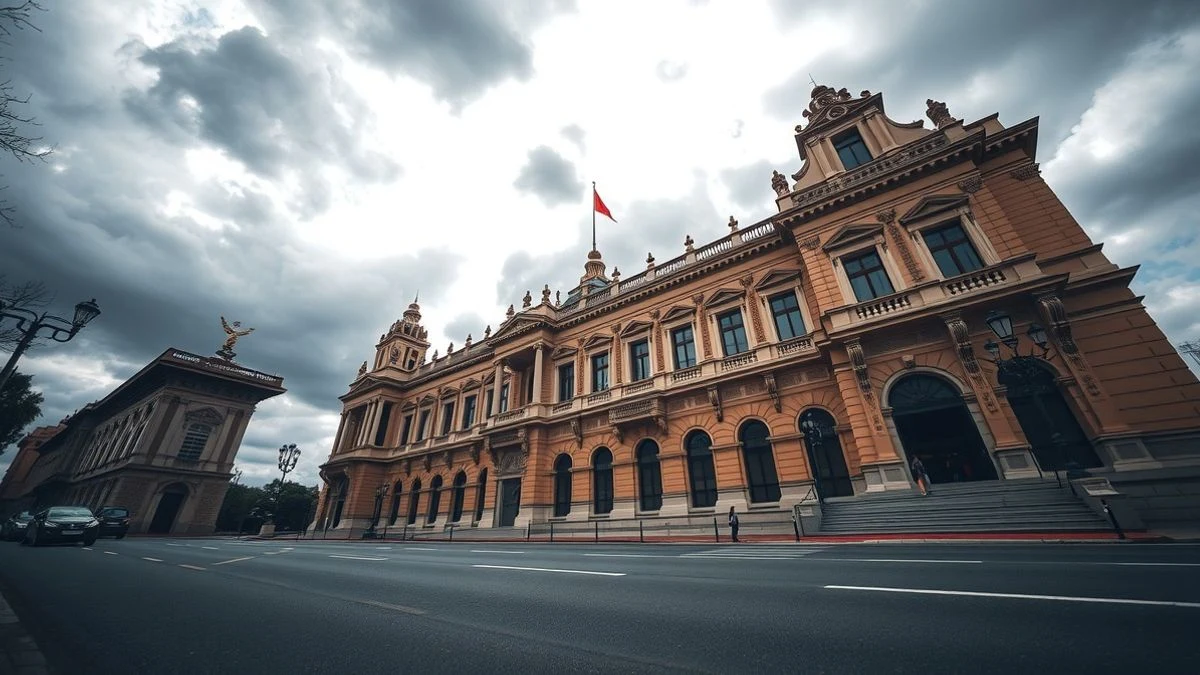 Fachada del Parlamento de Cataluña desde un ángulo bajo con cielo nublado de fondo