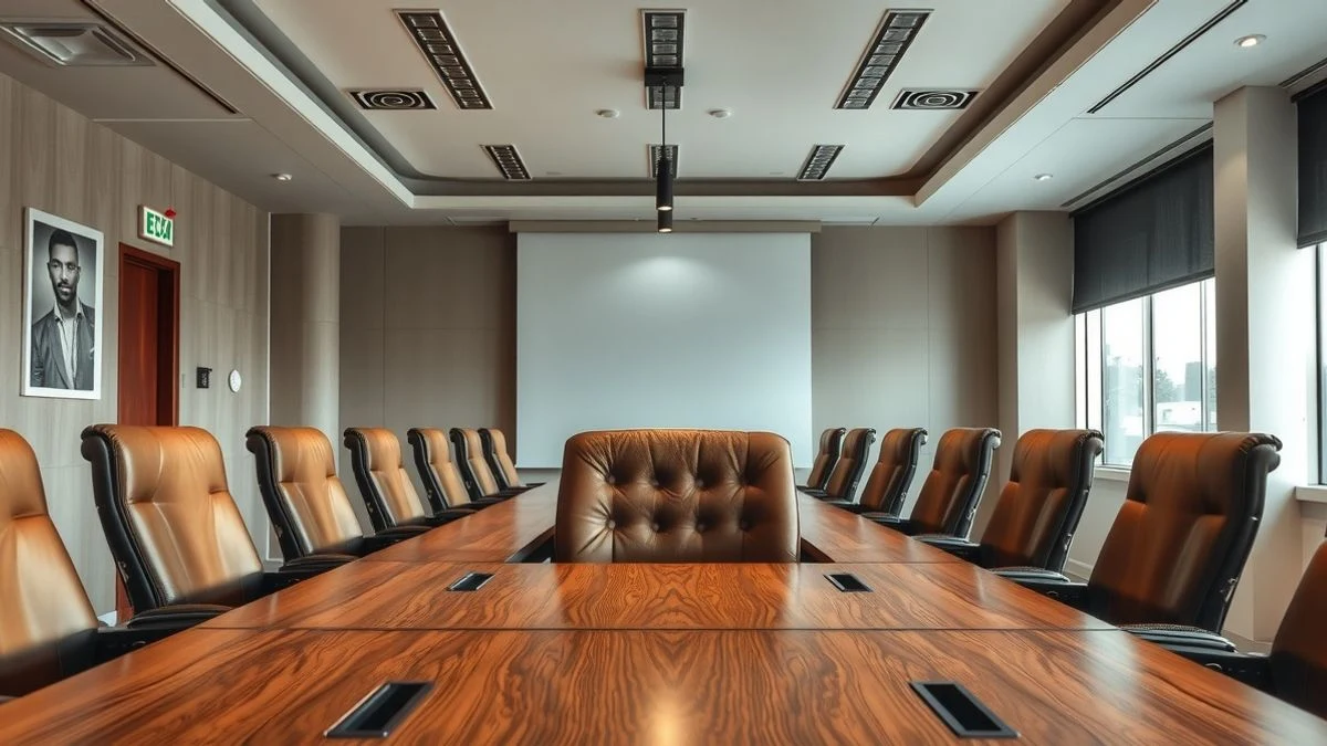 Sala de juntas vacía con una silla de cuero al frente de una larga mesa de madera, iluminación natural dramática.
