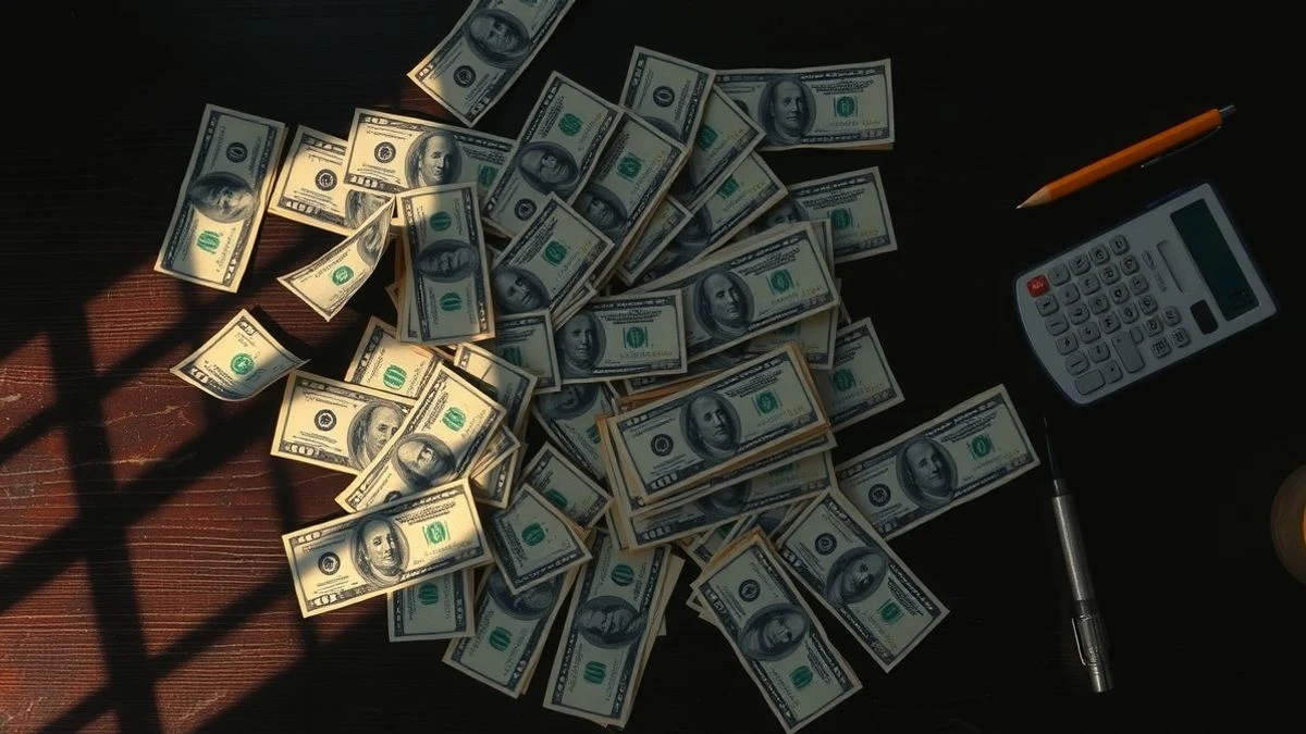 Imagen ilustrativa: billetes de dólar esparcidos sobre una mesa de madera vista desde arriba, con una calculadora y un bolígrafo